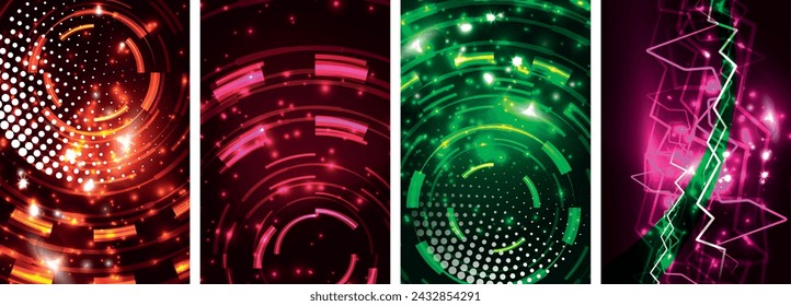 Neon glittering glowing light geometric shapes posters. Vector illustration For Wallpaper, Banner, Background, Card, Book Illustration, landing page