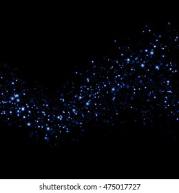 Neon glittering star dust trail sparkling particles on transparent background. Blue space sparkle comet tail. Vector magical glowing light.