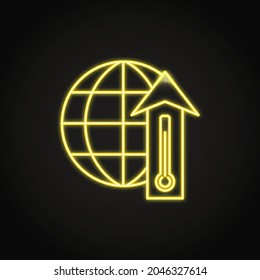 Neon global warming icon in line style. Temperature rise on Earth planet. Vector illustration.