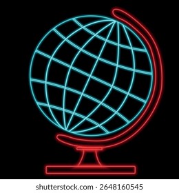 Neon globe with glow effect on a dark background. Vector drawing in the style of neon signs. Round glowing globe on a stand.