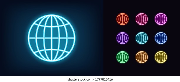 Neon globe icon. Glowing neon world sign, globe internet in vivid colors. Digital earth, international world, sphere planet, education network. Icon set, sign, symbol for UI. Vector illustration