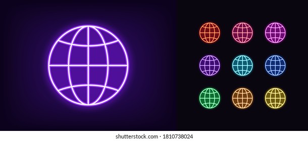 Neon globe icon. Glowing neon world sign, globe internet in vivid colors. Digital earth, international world, sphere planet, education network. Icon set, sign, symbol for UI. Vector illustration