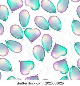 Neon glossy balloons. Vector seamless pattern. Purple and turquoise heart-shaped and round balloons on white background.