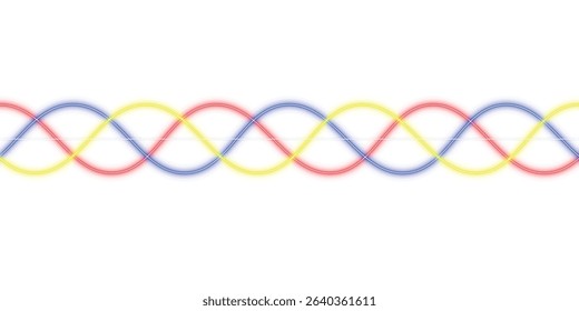 Neon glow 3 phase red yellow blue electric power line with abstract sine sign wave on isolated background