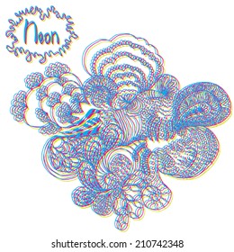 Neon glow abstract hand drawn background, sketch, ornamental doodle, square card design, vector