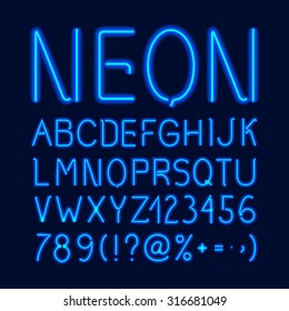 Neon glow alphabet with blue letters numbers and symbols isolated on dark background vector illustration