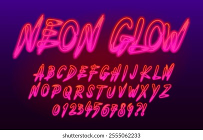 Neon Glow alphabet font. Bright neon letters and numbers. Stock vector typeface for your design.