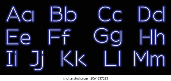 Neon glow alphabet. 
Neon light font. Letters: A - M. 3d art neon font
