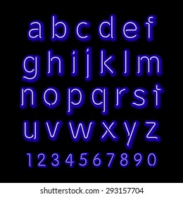 Neon glow alphabet. Vector design party retro 3d art neon font,