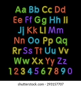 Neon glow alphabet. Vector design party retro 3d art neon font,