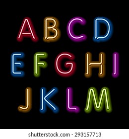 Neon glow alphabet. Vector design party retro 3d art neon font,