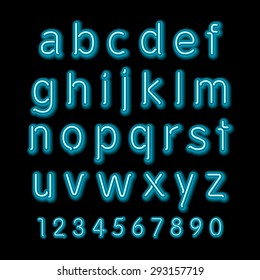 Neon glow alphabet. Vector design party retro 3d art neon font,