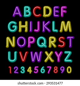 Neon glow alphabet. Vector design party retro 3d art neon font,