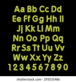 Neon glow alphabet. Vector design party retro 3d art neon font,