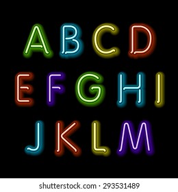 Neon glow alphabet. Vector design party retro 3d art neon font,