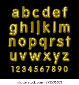 Neon glow alphabet. Vector design party retro 3d art neon font,