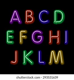 Neon glow alphabet. Vector design party retro 3d art neon font,
