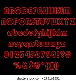 Neon glow alphabet. Vector design party retro art neon font, red letters