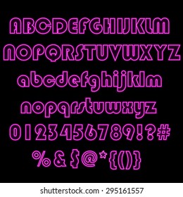 Neon glow alphabet. Vector design party retro art neon font, pink letters