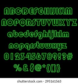 Neon glow alphabet. Vector design party retro art neon font, green letters