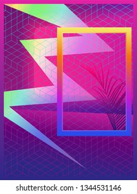 Neon glow ambient room and frame with tropical leaf, vaporwave aesthetic illustration background template