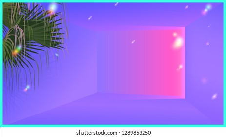 Neon glow ambient room and tropical palm. futuristic vaporwave aesthetic illustration background template