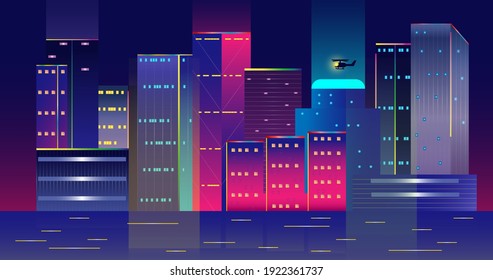 Neon glow buildings landscape with helocopture. City architecture illustration