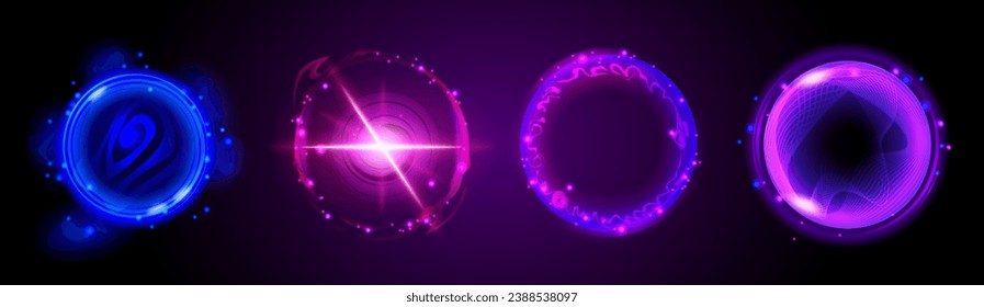 Neon glow circle portal with light magic effect. 3d abstract strange round luminous energy swirl. Isolated circular speed power futuristic vortex hologram explosion with purple beam frame teleport.