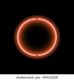 Neon glow circle  retro neon lamp. The orange color on a dark background.  Vector electric frame.