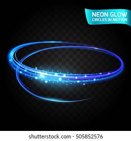 Neon Glow circles in motion blurred edges, bright glow glare, magical glow, colorful design holiday. Abstract glowing rings slow shutter speed of the effect. Abstract lights in a circular motion.