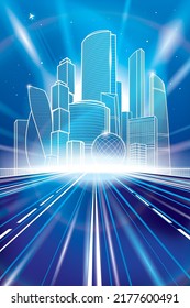 Neon glow city illustration. Night illumination highway. Business town center. White outlines. Vector design art 