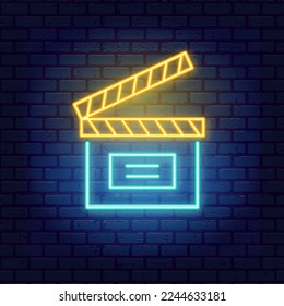 Neon Glow Clapper Board on brick wall background. Cinema and multimedia, video, blogging production banner. Bright Movie making signboard, Vector illustration