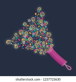 Neon glow confetti. Exploding party popper vector. 