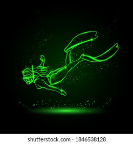 Neon glow diver girl linear silhouette in underwater space. Young girl snorkel underwater