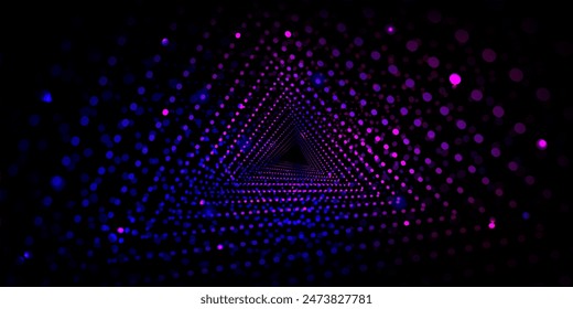 Neon glow dots in form of triangular tunnel of blue and purple gradient color on black background. Realistic 3d vector illustration of abstract futuristic geometric triangle shape bg go to infinity.