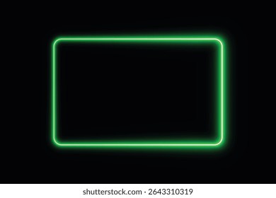 Neon glow frame green rectangle on black background with illuminated border and empty dark center	
