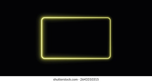Neon glow frame yellow rectangle on black background with illuminated border and empty dark center	
