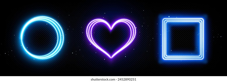 Neon glow frames in form of circle, heart and square on dark background. Realistic 3d vector illustration set of casino or night club party border with empty space for text. Shine laser banner.