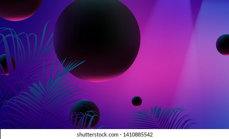 Neon glow gradient background and black luminescence spheres, Abstract background space and tropical plant leaves, Futuristic retro - modern vector poster, background design template