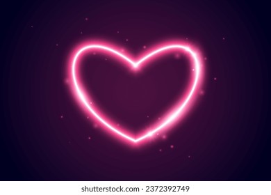 Neon glow heart frame. Illuminated pink heart-shaped shape with sparks. Neon color lighting design element for banner, poster, collage, template. Shining sign with sparkles. Vector illustration