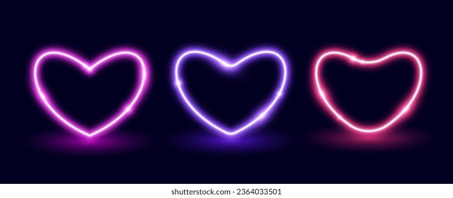 Neon glow heart frame set. Illuminated colorful heart-shaped sign collection. Neon color lighting design elements for banner, poster, collage. Vector shining signs illustration pack
