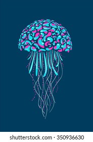 Neon glow jellyfish. Isolated nature illustration.