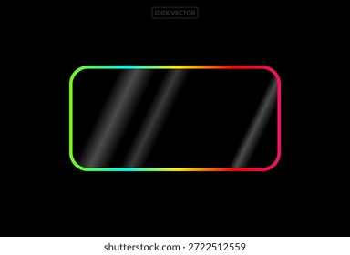 Neon glow light rectangle frame. Led rectangular game button. Green yellow light outline on black  template vector