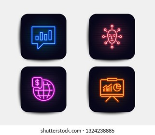 Neon glow lights. Set of Analytical chat, Face biometrics and World money icons. Presentation sign. Communication speech bubble, Facial recognition, Global markets. Board with charts.  Neon icons
