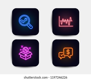 Neon glow lights. Set of Analytics, Stock analysis and Sale icons. Payment received sign. Audit analysis, Business trade, Discount. Money.  Neon icons. Glowing light banners. Vector