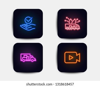 Neon glow lights. Set of Approved, Truck delivery and Truck transport icons. Video camera sign. Verified symbol, Logistics, Delivery. Movie or cinema.  Neon icons. Glowing light banners. Vector