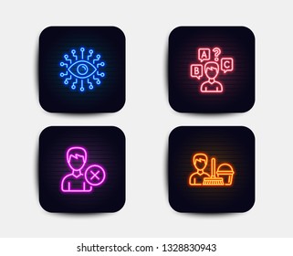 Neon glow lights. Set of Artificial intelligence, Quiz test and Remove account icons. Cleaning service sign. All-seeing eye, Interview, Delete user. Bucket with mop.  Neon icons. Glowing light banners