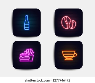 Neon glow lights. Set of Burger, Champagne bottle and Coffee beans icons. Americano sign. Cheeseburger, Anniversary alcohol, Whole bean. Beverage cup.  Neon icons. Glowing light banners. Vector