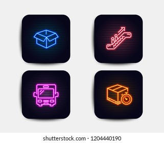 Neon glow lights. Set of Bus, Escalator and Opened box icons. Delivery timer sign. Tourism transport, Elevator, Shipping parcel. Express logistics.  Neon icons. Glowing light banners. Vector