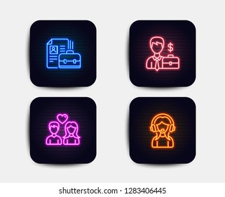 Neon glow lights. Set of Businessman case, Vacancy and Couple love icons. Support sign. Human resources, Hiring job, People in love. Call center.  Neon icons. Glowing light banners. Vector